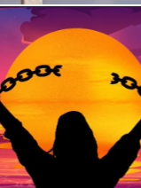 Black silhouette breaking chains while looking at a sunset on the horizon. 